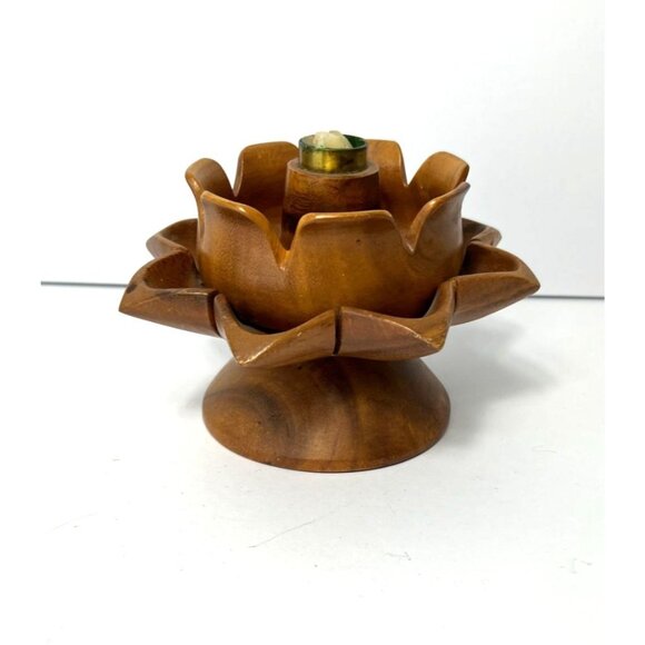 Vintage Mid-Century Monkey Pod Lotus Flower Wood Candle Holder Taper Candle Tiki - Picture 2 of 8